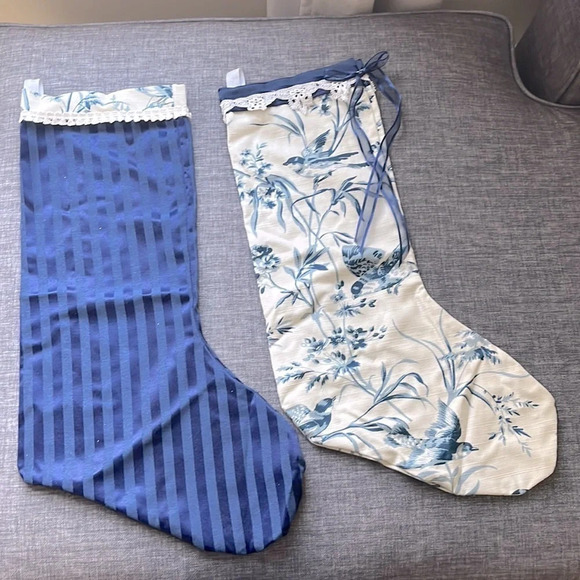 2 Handmade Intricate Striped and Birds Stockings Blue and Ivory w/ loops to hang - Picture 1 of 11